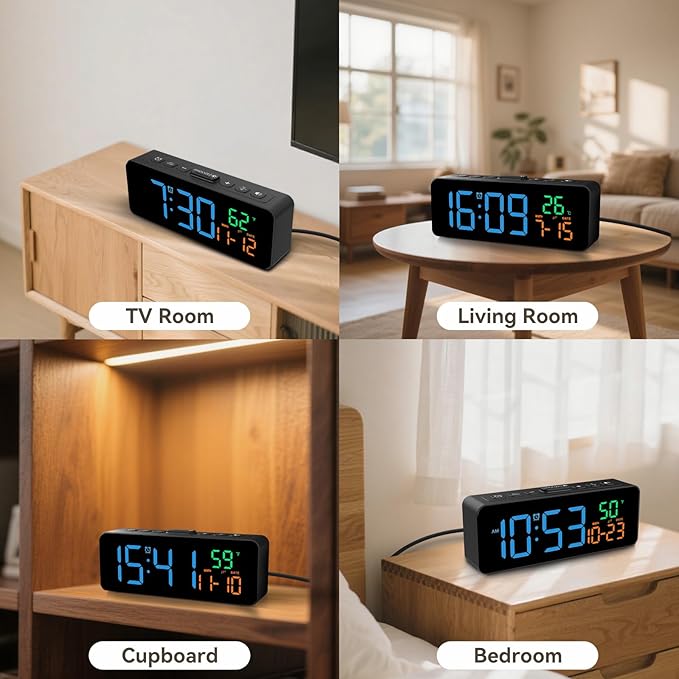 Netzu 3-in-1 Digital Clocks for Living Room with Temperature, Date & Time Display - 4 Levels Birghtness, 3 Volumes, Small & Compact Plug-in Alarm Clock for Bedroom, Office (Blue)