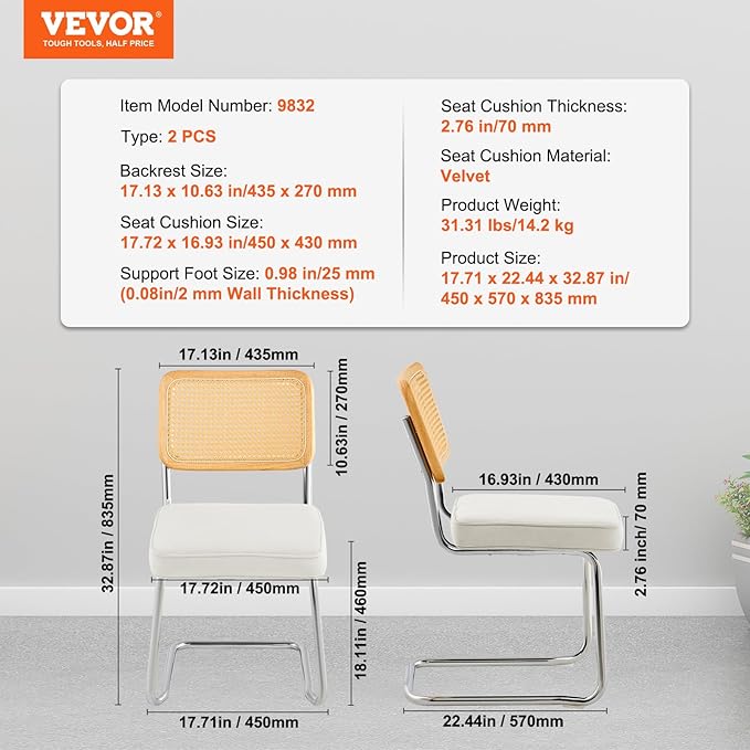 VEVOR Rattan Chairs Set of 2, Mid Century Modern Dining Chair, Upholstered Velvet Accent Chair with Rattan Back, Retro Dining Room Kitchen Chair for Living Room, Bedroom (18.1 Inch)