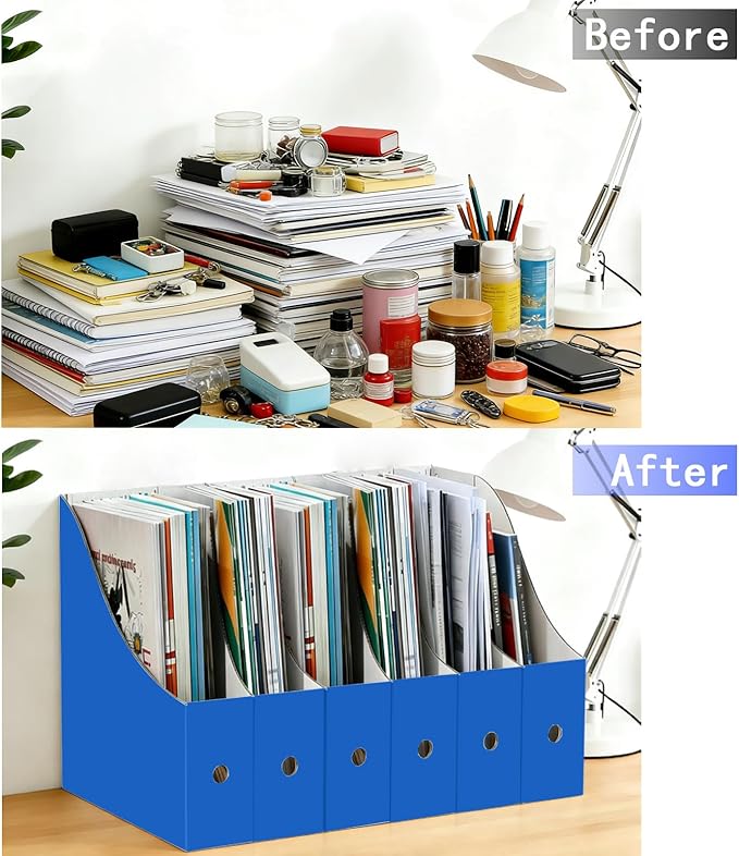 Limitliho Cardboard Magazine Holder for Desk, Book Bins for Classroom Library,Office,Home, 10.6" H x 10.2" L x 3.5" W in file holder(Blue, 6 Pack)