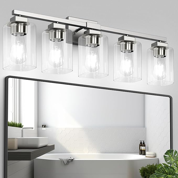 BesLowe 30" 5-Light Bathroom Light Fixture, Modern Brushed Nickel Bathroom Vanity Light, Bathroom Lighting Fixtures Over Mirror, Nickel Bathrom Wall Lamp, Wall Lights for Living Room Bedroom Hallway