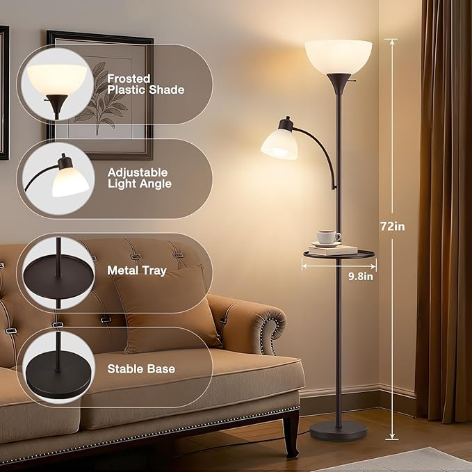 Luvkczc 72" Floor Lamp with Table, Adjustable Reading Lights, Modern Torchiere Floor Lamps for Living Room, Bedroom, Office, Brown【Bulb not Included】