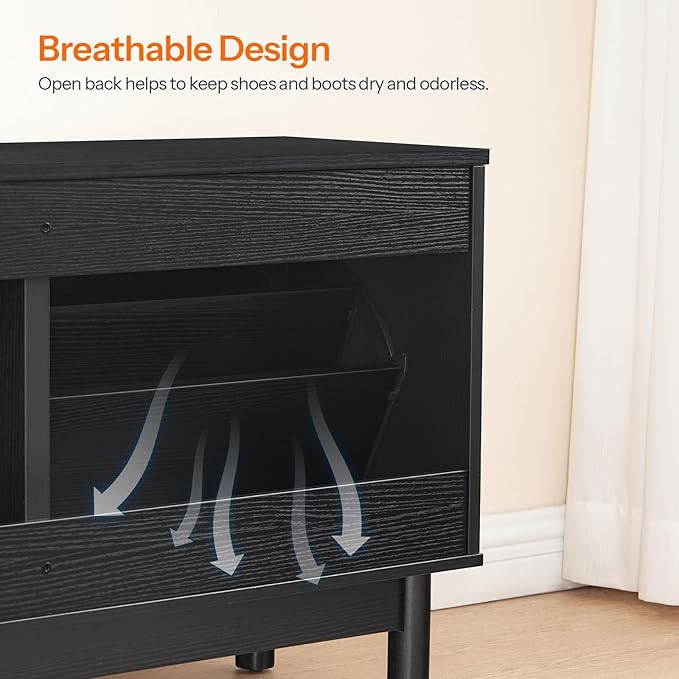 HOOBRO Shoe Storage Bench Entryway, Rattan-Like Shoe Bench with Flip Drawers, Narrow Shoes Rack Cabinet with Rattan Doors, Wooden Organizer for Entryway Hallway, Black BN51HX01