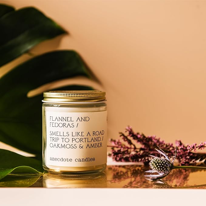 Anecdote 'Flannel & Fedoras' Coconut Soy Wax Candle Jar | Premium Hand Poured & Long Burning | Oakmoss & Amber Scent | Phthalate-Free | for Home, Office, Gift - 7.8 Oz