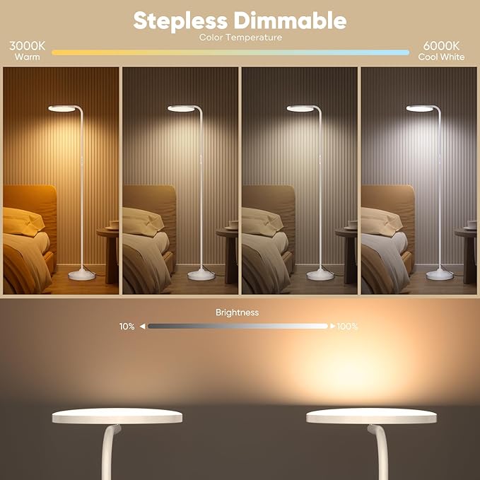36W LED Floor Lamp, Super Bright Standing Lamp, Modern Stepless Dimmable Torchiere Tall Lamp with Remote Control, 350°Rotating Head Reading Floor Lamp for Living Room, Bedroom, Office - White