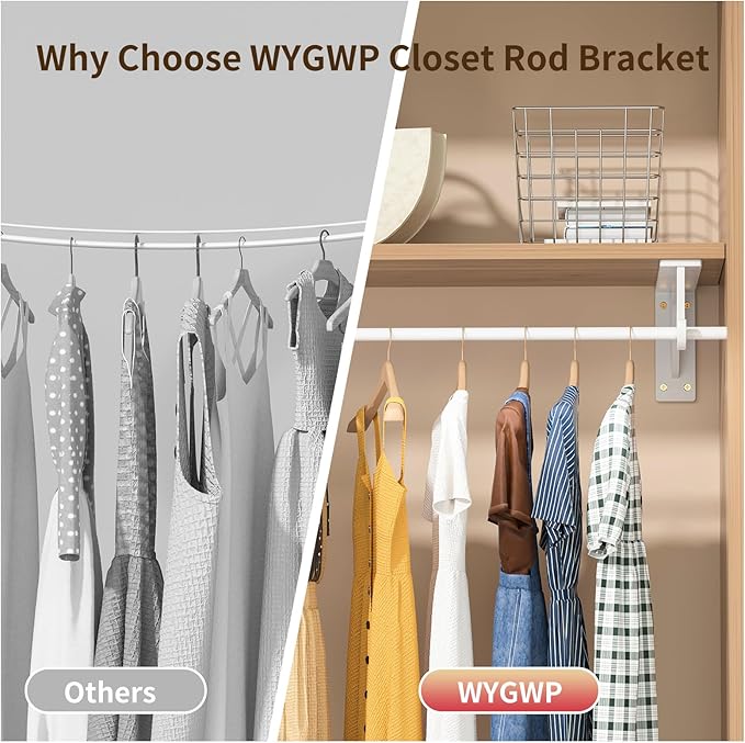Closet Rod Support Bracket 12 inch WYGWP Heavy Duty Closet Shelves Brackets with Rod Shelving Supports 400lbs, Wall Mounted Shelf and Rod Holder for Armoire Wardrobe and Walk-in Closet Decor (4 Pack)