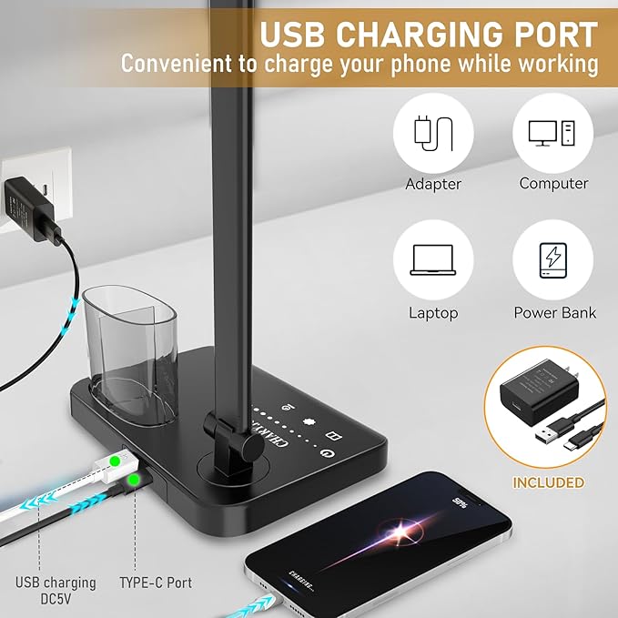 Retractable Dimmable LED Desk Lamp with USB Charging Port, 50 Lighting Modes Dual Swing Arm Architect Adjustable Table Lamp Light Desk Lamp for Home Office Dorm Piano Nail, Black