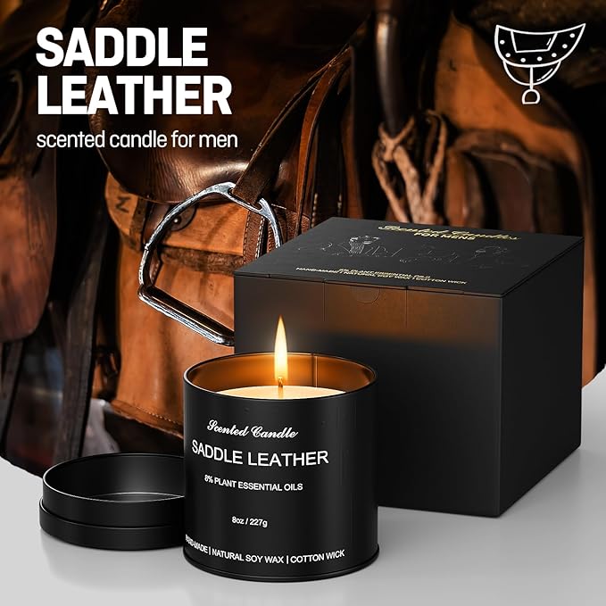 Men's Scented Candle, Saddle Leather - Luxury Masculine Aromatherapy Soy Wax Candle with 8% Essential Oils, Strong Scented Long Lasting 40 Hours, 8oz Tin, Gift Candles for Men