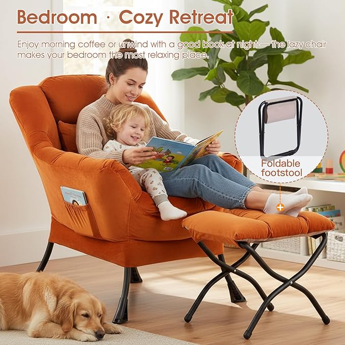 Tangerine Lazy Chair with Ottoman, Large Velvet Lounge Accent Chair with a Throw Pillow, Comfy Leisure Sofa Chair for Living Room Bedroom Dorm Room Office Apartment Reading Relaxing Use