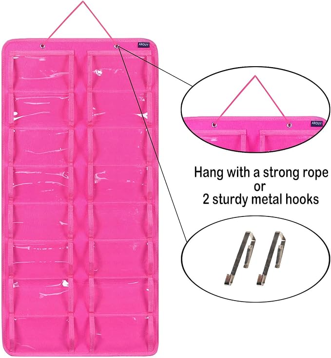 AROUY Sunglasses Organizer Storage, Hanging Dust Proof Wall Pocket Glasses Organizer - 16 Felt Slots Sunglass Organizer Holder with Metal Hook and Sturdy Rope (Dust Proof, Rose)
