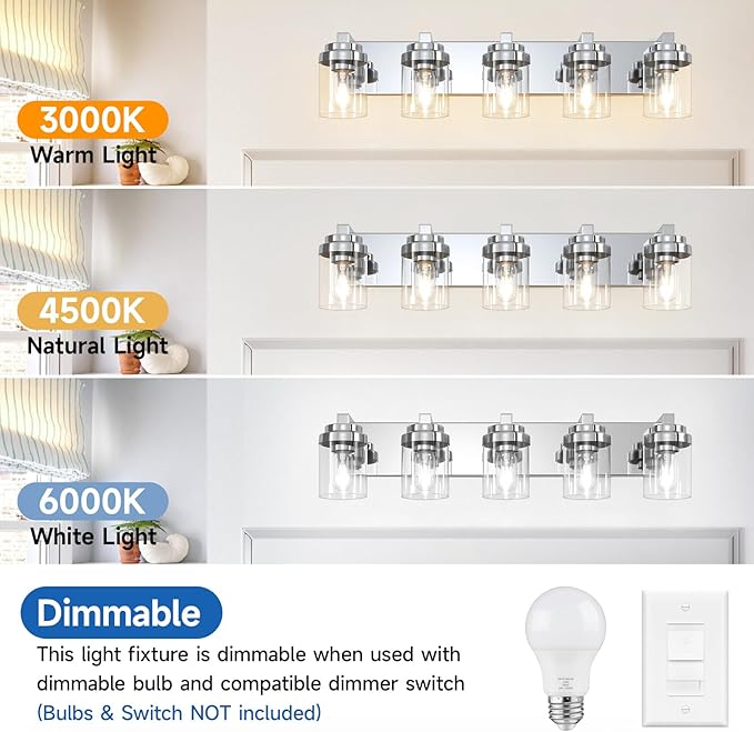 Bathroom Light Fixtures, 5-Light Bathroom Vanity Lights Over Mirror, Polished Chrome Vanity Lights with Glass Shade, 31" Modern Wall Sconce for Cabinet Porch Bedroom, Hallway E26