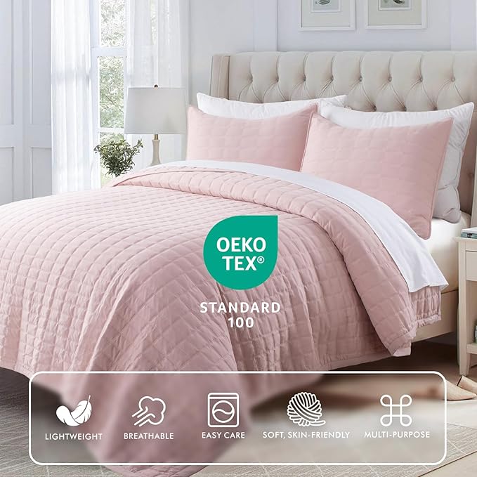 KASENTEX Twin Quilt Set 68"x86" – Soft Washed 3-Layer Lightweight Bedspread, Minimalist Nordic Design, All-Season Spring & Summer Quilt Set (1 Quilt + 2 Pillow Shams), Blush Pink