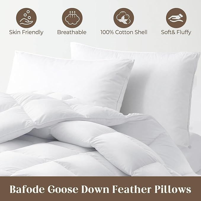 Bafode Goose Down Feather Pillows, Soft Bed Pillows Queen Size Set of 2, 100% Soft Cotton Shell,Gusseted Hotel Pillows for Back, Stomach or Side Sleepers