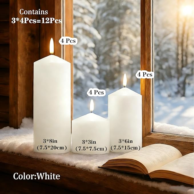 White Pillar Candles Bulk Set of 12, 3 Different Lengths 3 x 3/6/8 Inch (4 Each), Hurricane Candles, Dripless Unscented Smokeless, Gives You a Better Atmosphere When Organizing an Event Party.