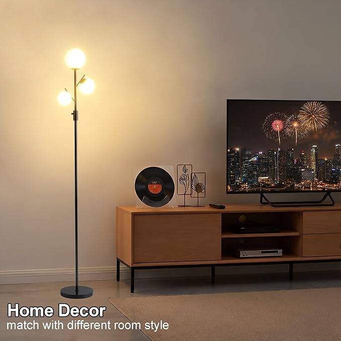 Fiqevs Dimmable Mid Century 3 Globe Floor Lamp with 3 Head Sphere Frosted Glass Shade and Bulbs Included, Modern Black Standing Lamps for Living Room Bedroom Office
