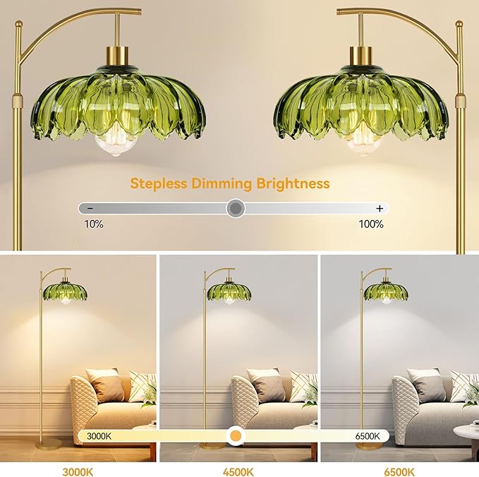 Gold Floor Lamps for Living Room Vintage Green Floor Lamp with Remote Control & Glass Lampshape,Dimmable Mid Century Modern Standing Lamp Tall Flower Lamp Brass Floor lamp for Bedroom Corner