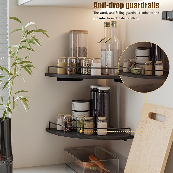 Corner Floating Shelves, Rustic Brown Wood, Set of 2, Wall Mount Storage with Guardrail for Bathroom Kitchen Living Room (Black)
