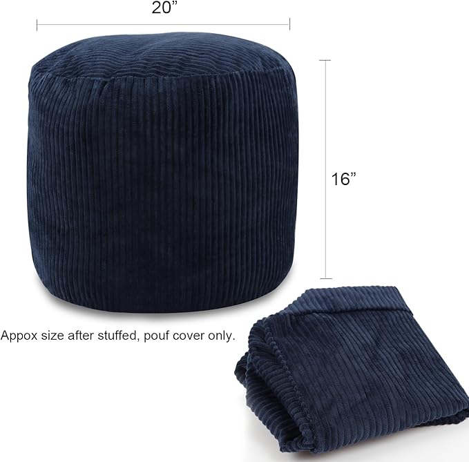 Sexysamba Round Corduroy Pouf Cover Only, 20"x 16" Unstuffed Decorative Ottoman Foot Stool Rest, Washable Storage Bean Bag Chair Floor Pouf Covers for Living Room Bedroom, Navy Blue