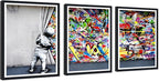 Novatique Graffiti Wall Art Colorful Banksy Wall Art Behind the Curtain Street Art Canvas Print Framed for Living Room Bedroom,12" x 16" x 3Pcs