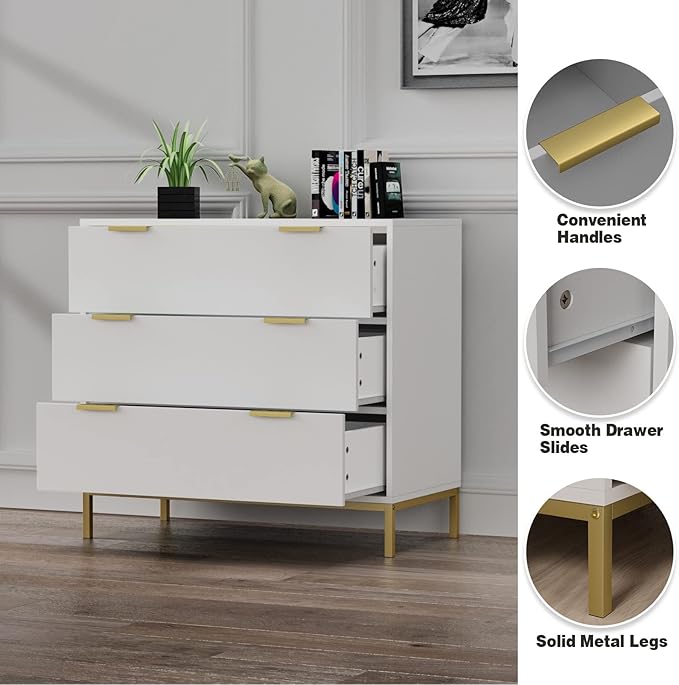 Anmytek White Dresser for Bedroom, 3 Drawer Dresser with Spacious Storage Modern Wood Chest of Drawers for Bedroom Living Room Hallway H0074