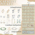 GMAK Hanging Jewelry Organizer with Hanger Metal Hooks, Double-Sided Jewelry Holder Accessories Organizer Storage Roll for Jewelry, Earrings, Bracelets, Necklaces, Rings - Beige