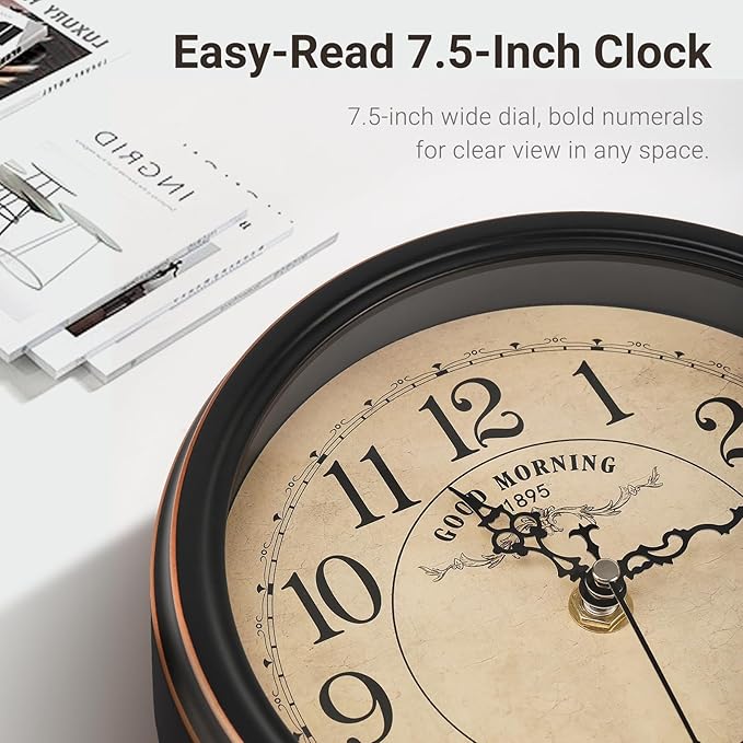 7-Inch Retro Mantel Desk Clocks，Silent Vintage Table Clock with All Metal Frame，Easy to Read Larege Retro Mantel Clocks for Living Room，Fireplace and Shelf Decoration.