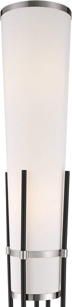 Possini Euro Design Flute Modern Torchiere Floor Lamp Standing 64" Tall Sleek Satin Black Brushed Nickel Metal White Sculptural Linen Shade for Living Room Reading House Bedroom Home Office