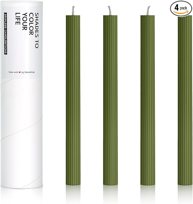 10" Candle Sticks, Ribbed Taper Candles, Moss Green, 4-Pack, Unscented