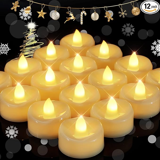 Flameless Candles, 12 Pack LED Tea Lights Candles Battery Operated, Last 200+ Hrs Flickering Tea Lights, Flameless Tealight Candles for Halloween Diwali Fall Christmas Wedding