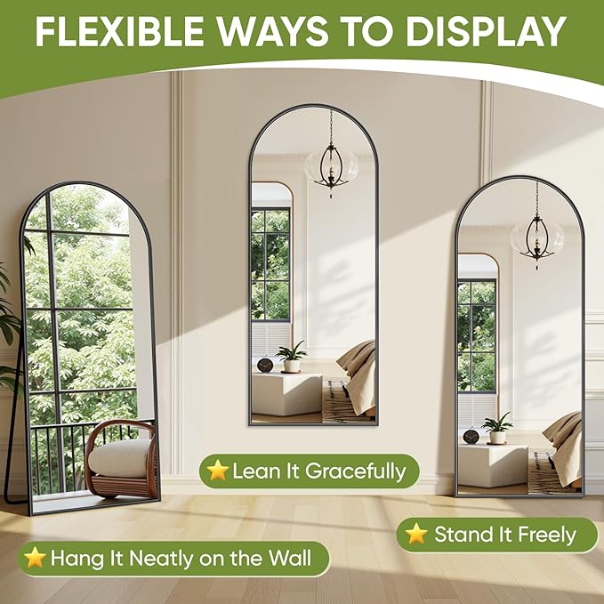 Full-Length Floor Mirror with Stand, 71"x28" Arched Style Full Body Standing Mirror for Bedroom, Living Room, Gym, Dorm - Shatter-Resistant & Easy Assembly, Black