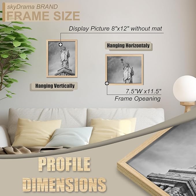 Natural Solid Wood 8x12 Picture Frame, Display 8 x 12 Inch Picture Poster Photo, Vertical & Horizontal Wall Hanging - 2 Pack/Natural/8"x12"