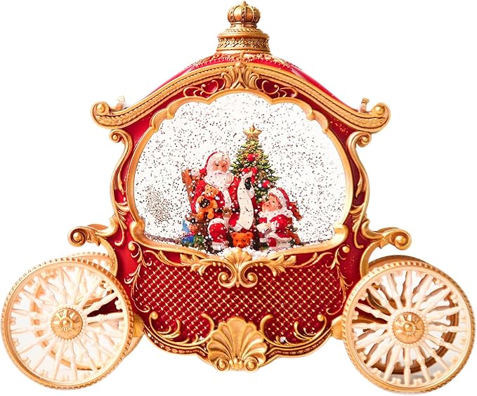Christmas Snow Globe Carriage with Santa Claus – Vintage 8 Songs Musical Box, Automatic Snowfall, Led Light, USB or Battery Powered,for Christmas Festival Home Fall Decoration Gifts, Red