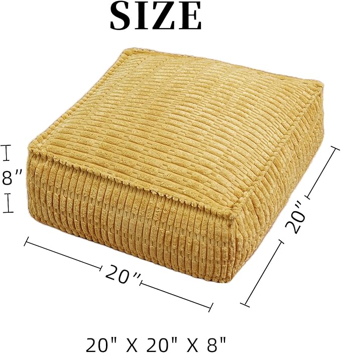 Unstuffed Pouf Ottoman Cover Soft Storage Extra Seat Farmhouse Comfortable Bohemian Poufs Accent Footrest 20x20x8 Inches for Living Room Bedroom Study Nook (Yellow, Square)