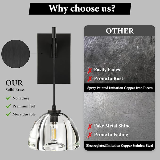 Crystal Brass Dome Wall Sconce - Luxury Matte Brushed Lighting Fixture with K9 Crystals Cloche - Set of 2 Modern Black Sconces - Dimmable Indoor Hanging Light for Bathroom Bedroom Living Room Stair