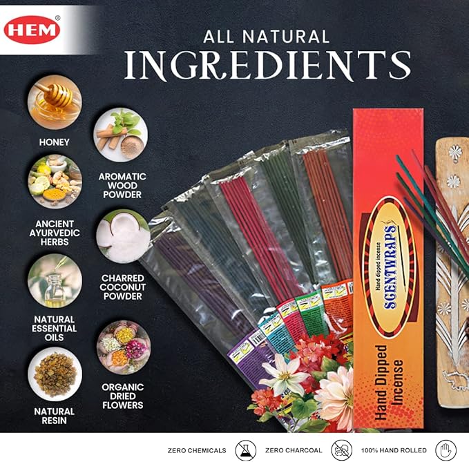 Hem Incense Sticks Variety Pack Set of 5 Packs (12 Stick x 5 Pack,60 Sticks), Hem Scentwrap 11 inches Natural Hand Dipped Insenses with Raajsee Incense Holder Bundle, Free from Chemicals Non Toxic