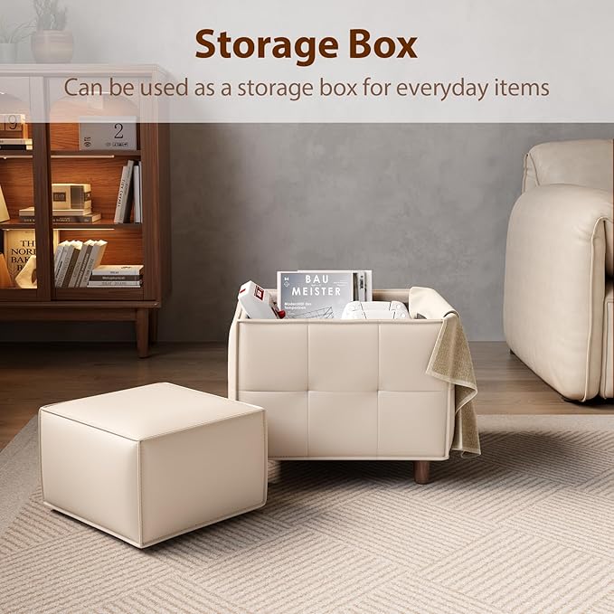 Square Ottoman with Storage Set of 2, Leather Coffee Table Ottoman, Multifunctional Foot Rest Stool with Storage for Living Room & Bedroom