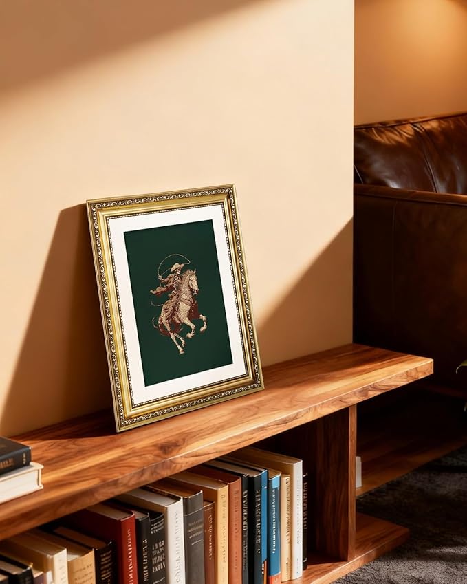ARPEOTCY Gold Framed Canvas Wall Art, 11x14 Inch Vintage Skeleton Cowboy on Horseback, Rustic Western Cowboy Illustration, Gothic Western Decor for Living Room, Bedroom, or Office