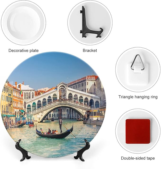 10 Inch Decorative Plate, Venice Dinner Plate, Cityscape on a Sunny Day with Rialto Bridge Print Ornament Display Plate for Fine Dining, Upscale Events, Dinner Parties, Weddings, Catering Christmas