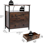 3 Wooden Drawers Night Stand, 27 Inch Wide Nightstand with Charging Station and Adjustable Drawers, Small Dresser for Closet, Bedside Table for Living Room/Bedroom/Office, Retro Brown.