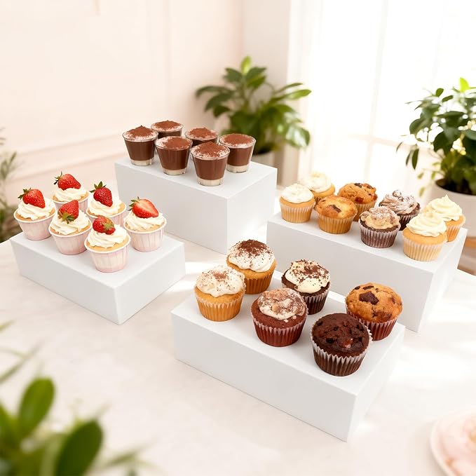 3Pcs White Buffet Risers 10" 12" 14" Acrylic Food Risers Display Stands Catering Supplies Buffet Display with Hollow Bottom