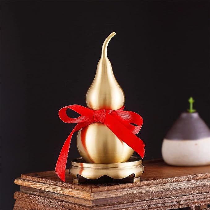 Feng Shui Wu Lou Brass Golden Gourd with Holder and Red Luck Strip for Home Decor Furnishing,Full Brass,Statue Charm Amulet,Bring You Good Luck,Healthy,Success