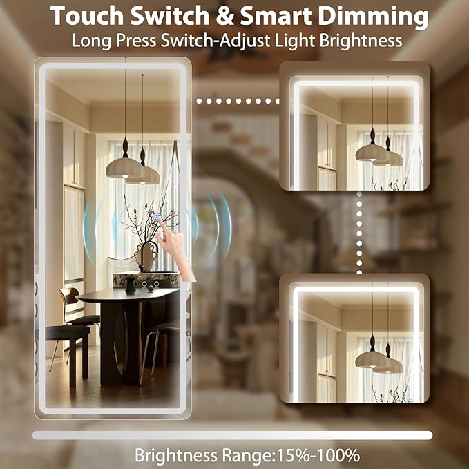 GLSLAND 65"x26" LED Mirror Full Length, Aluminum Alloy Floor Mirrors with Lights, 3 Color Lighting & Dimming for Bedroom Decorative Wall Mounted, White