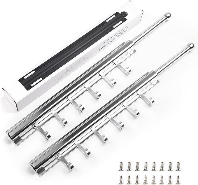 16.5" Valet Rod for Closet Pull Out With 6 Hooks Valet Rods for Closets (2Pack Silver) Closet Valet Rod Slide Out
