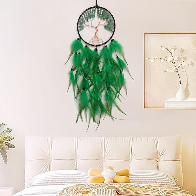 Green Dream Catcher Wall Decor Crystal Tree of Life Dream Catchers Handmade Feather Dreamcatcher Wall Hanging Ornament for Bedroom Living Room Home Decor