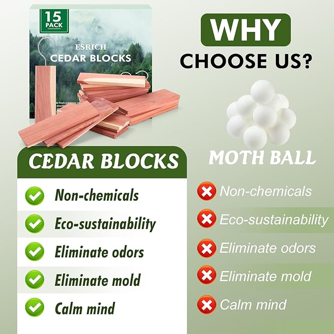 ESRICH Cedar Blocks for Clothes Storage,15 Pack with Metal Hooks,100% Natura Cedars Wood for Closets,Cedars Planks with Sandpaper,Cedar Chips for Closets and Drawers