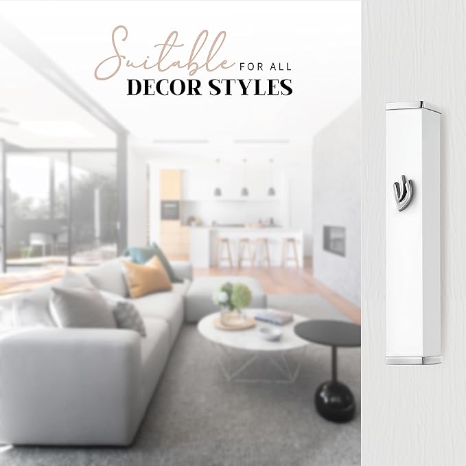 SURI Mezuzah Case for Door with Printed Scroll– 5.5 Inch White Aluminum Jewish Mezuza Cover, Self-Stick Adhesive, Fits a 5 Inch Scroll, Gift Box Included