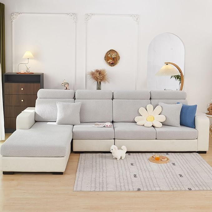 Couch Covers for 2 Cushion Sofa Pet Friendly Couch Cushion Covers Universal Sofa Covers Washable Stretch Slipcovers for Sectional Sofa (Texture Light Gray,Large Double Seat Cover)