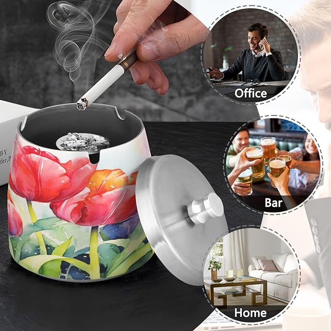 Red Tulip Spring Ashtray with Lid, Outdoor Ashtrays for Patio, Stainless Steel Ashtray Odorless Smokeless for Home Office Balcony