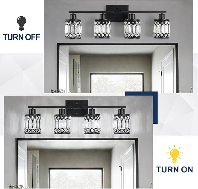Crystal Modern Bathroom Light Fixtures, 4-Light Black Bathroom Vanity Wall Light, Vanity Lights for Mirror, Restroom, Bedroom (E26 Socket, Bulbs Not Included)