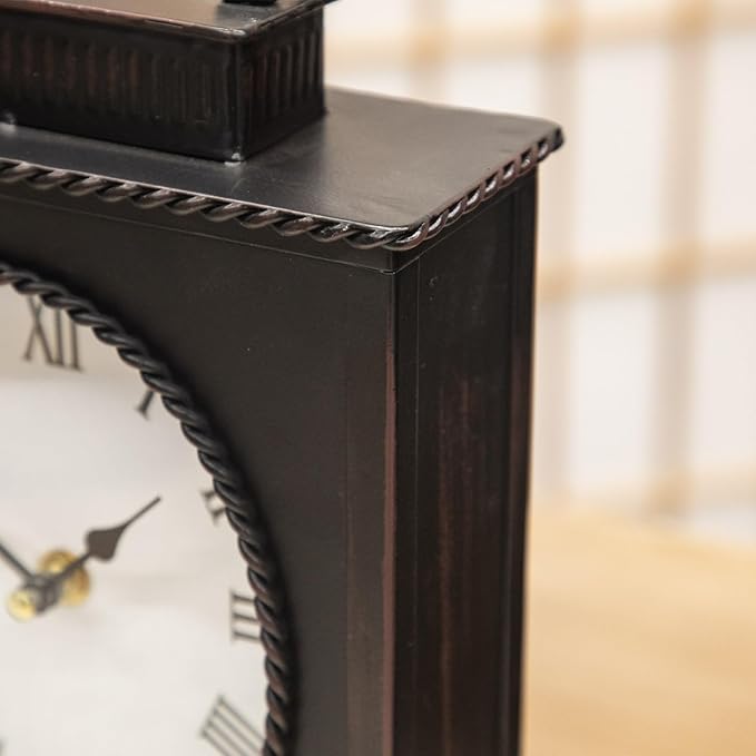 MODE HOME Vintage Mantel Clock, Large Rustic Distressed Metal Table Clock with Handle, Silent Non-Ticking Quartz Movement, Antique Brown Fireplace Shelf Desk Clock for Living Room Bedroom Office