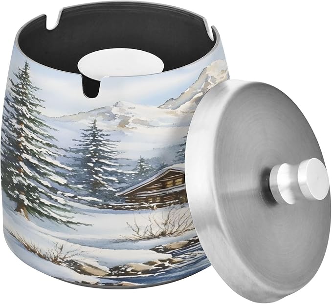 Winter Cabin Snow Scene Ashtray with Lid, Outdoor Ashtrays for Patio, Stainless Steel Ashtray Odorless Smokeless for Home Office Balcony